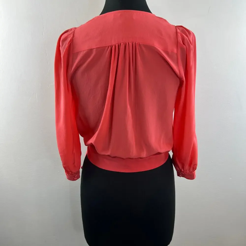 MADEWELL Orange Cropped Wrap Top Silk Pleated Surplice Neck Puff Sleeve Size 2XS